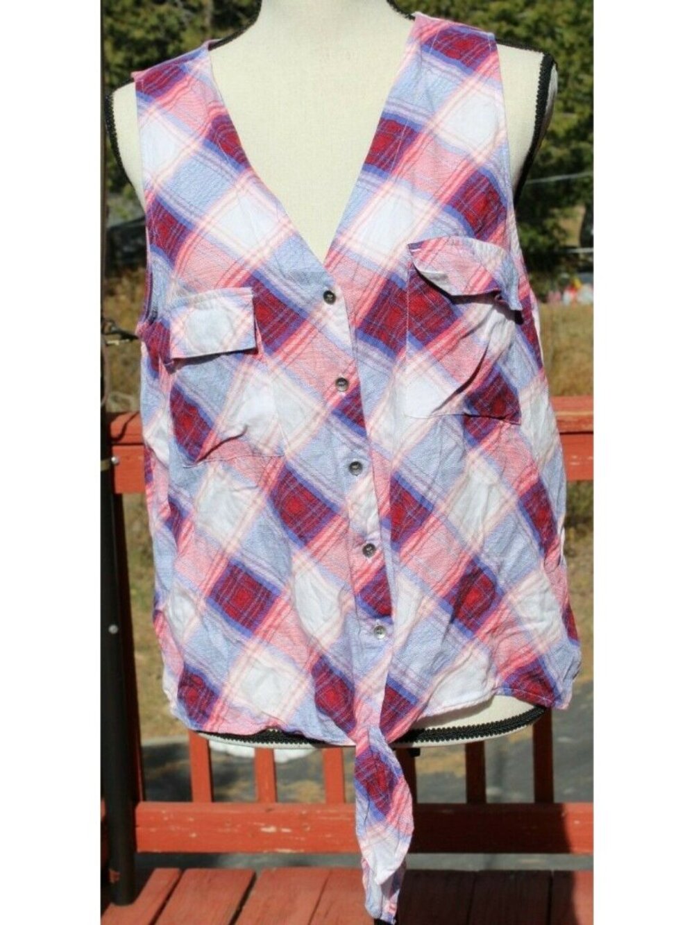 Rock & Republic Western  Button  Shirt Blouse Sz L Red Blue Plaid Rayon #C-32